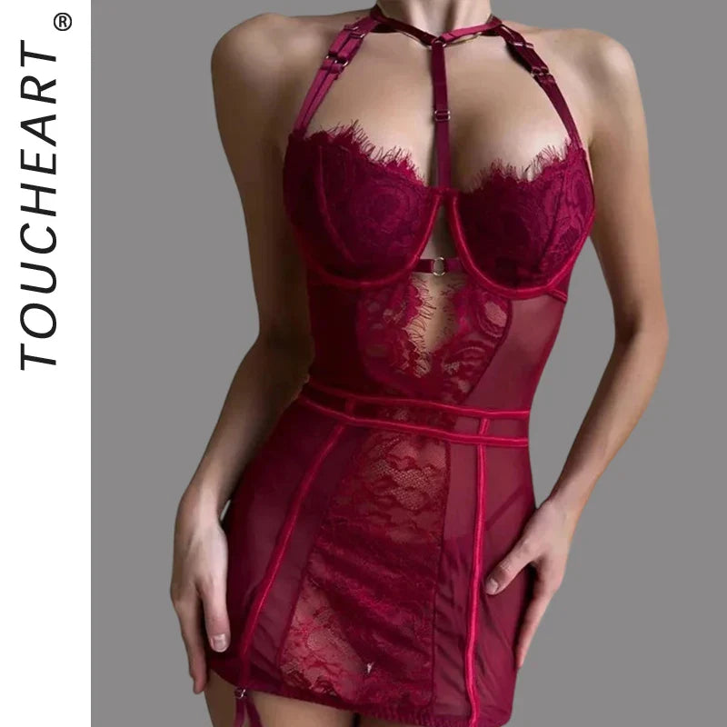 Toucheart Erotic Halter Bodysuit with Panty Lace See-through Body Shaping Puredesire Flirt Bodysuit Set