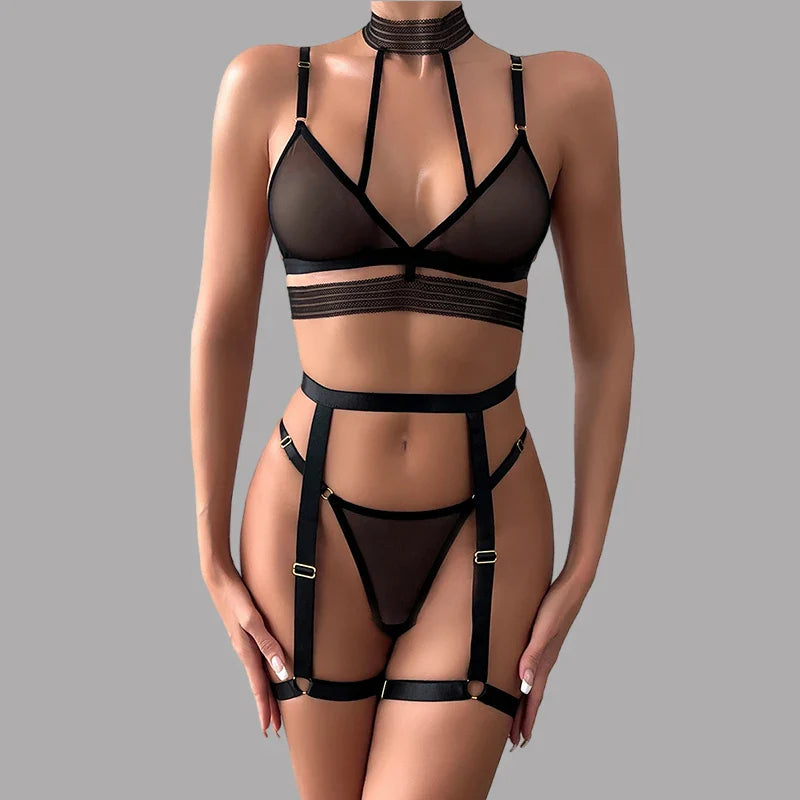 Toucheart Erotic Halter Lingerie Thin Model See-through Cross Straps Body Shaping Backless Lace Intimate Bra Set