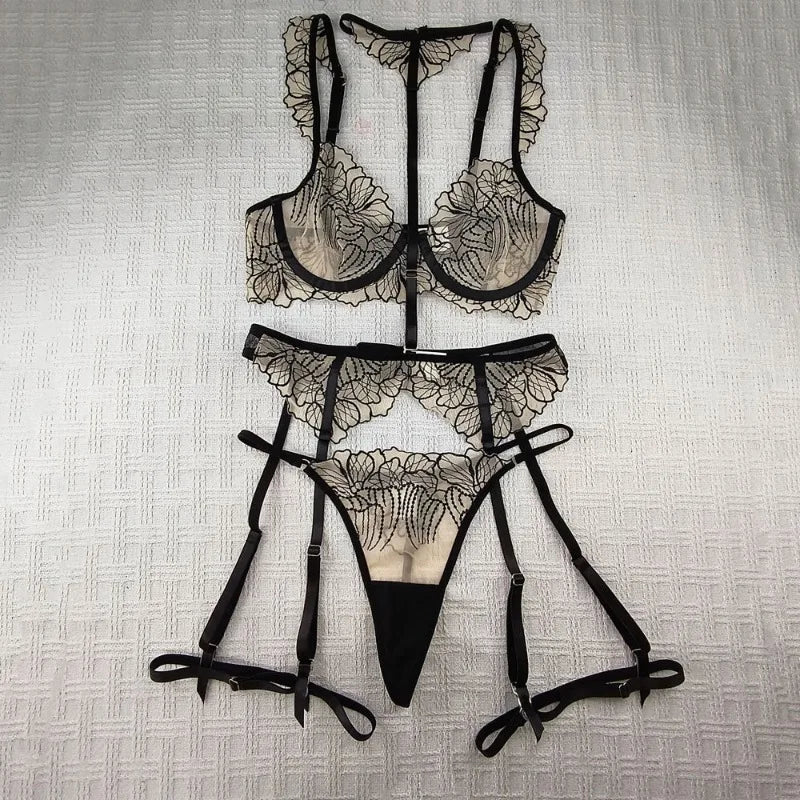 Toucheart Erotic Lingerie Black Lace Erotic Lingerie Set Pure Desire See-through Steel Ring Delicate Bra Garter Belt