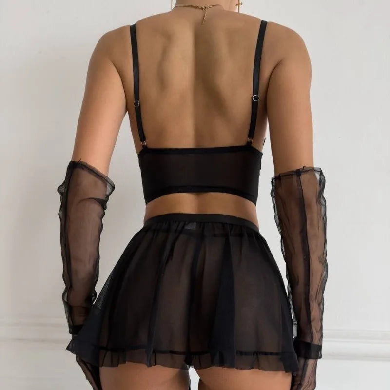 Toucheart Erotic Lingerie Black Tied with Ribbons and Cross Lace See-through Lingeriefour-piece Set