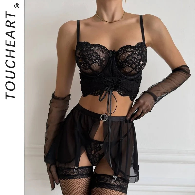 Toucheart Erotic Lingerie Black Tied with Ribbons and Cross Lace See-through Lingeriefour-piece Set