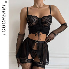 Toucheart Erotic Lingerie Black Tied with Ribbons and Cross Lace See-through Lingeriefour-piece Set