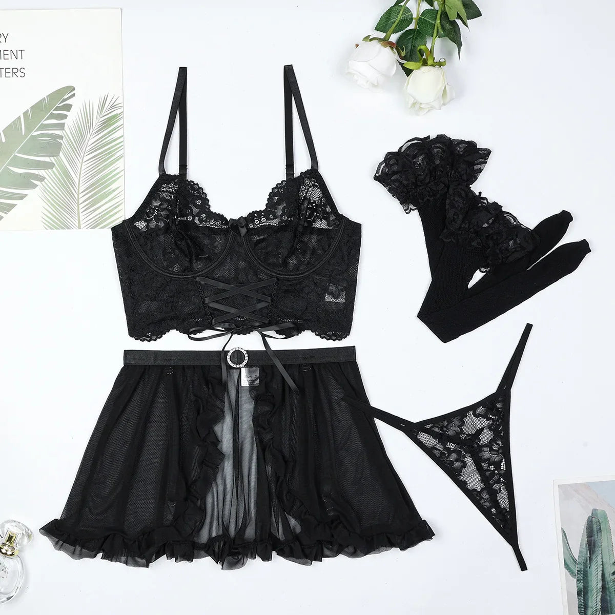 Toucheart Erotic Lingerie Black Tied with Ribbons and Cross Lace See-through Lingeriefour-piece Set