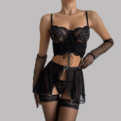 Toucheart Erotic Lingerie Black Tied with Ribbons and Cross Lace See-through Lingeriefour-piece Set