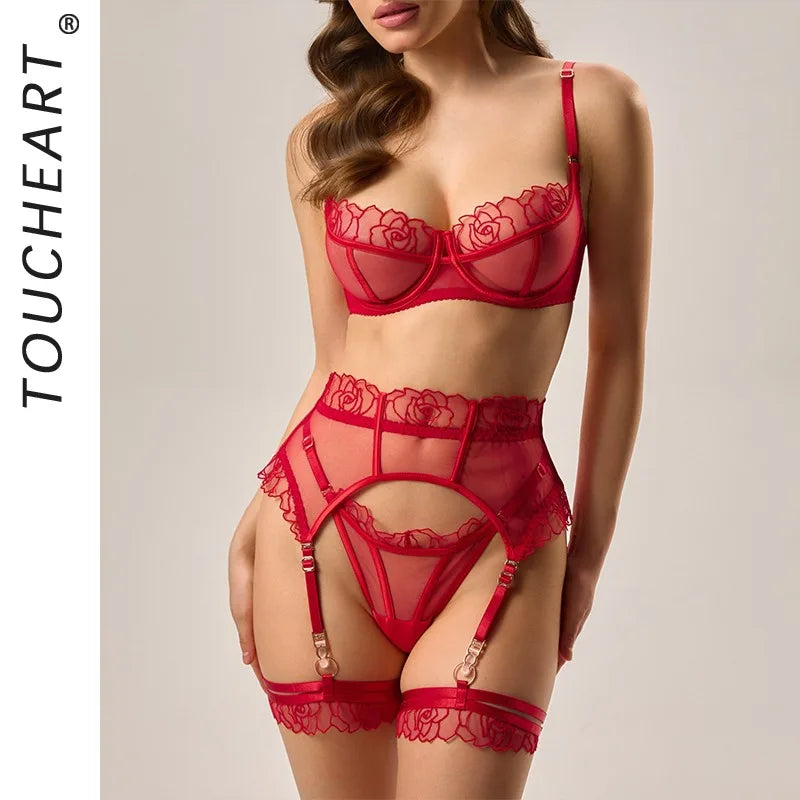 Toucheart Erotic Lingerie Body Shaping Bra Set Embroidered Mesh Stitching Romantic Underwear Set