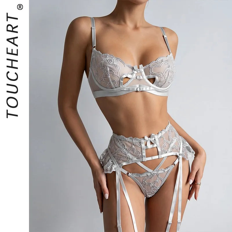 Toucheart Erotic Lingerie Bright DiamondTransparent Underwear Set Lace Boutique Embroidered Bra Set
