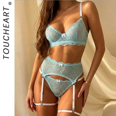 Toucheart Erotic Lingerie Contrast Color Underwire Bra Body Shaping Backless Lace Lingerie 4-piece Set