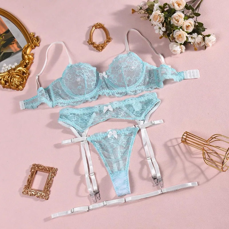 Toucheart Erotic Lingerie Contrast Color Underwire Bra Body Shaping Backless Lace Lingerie 4-piece Set
