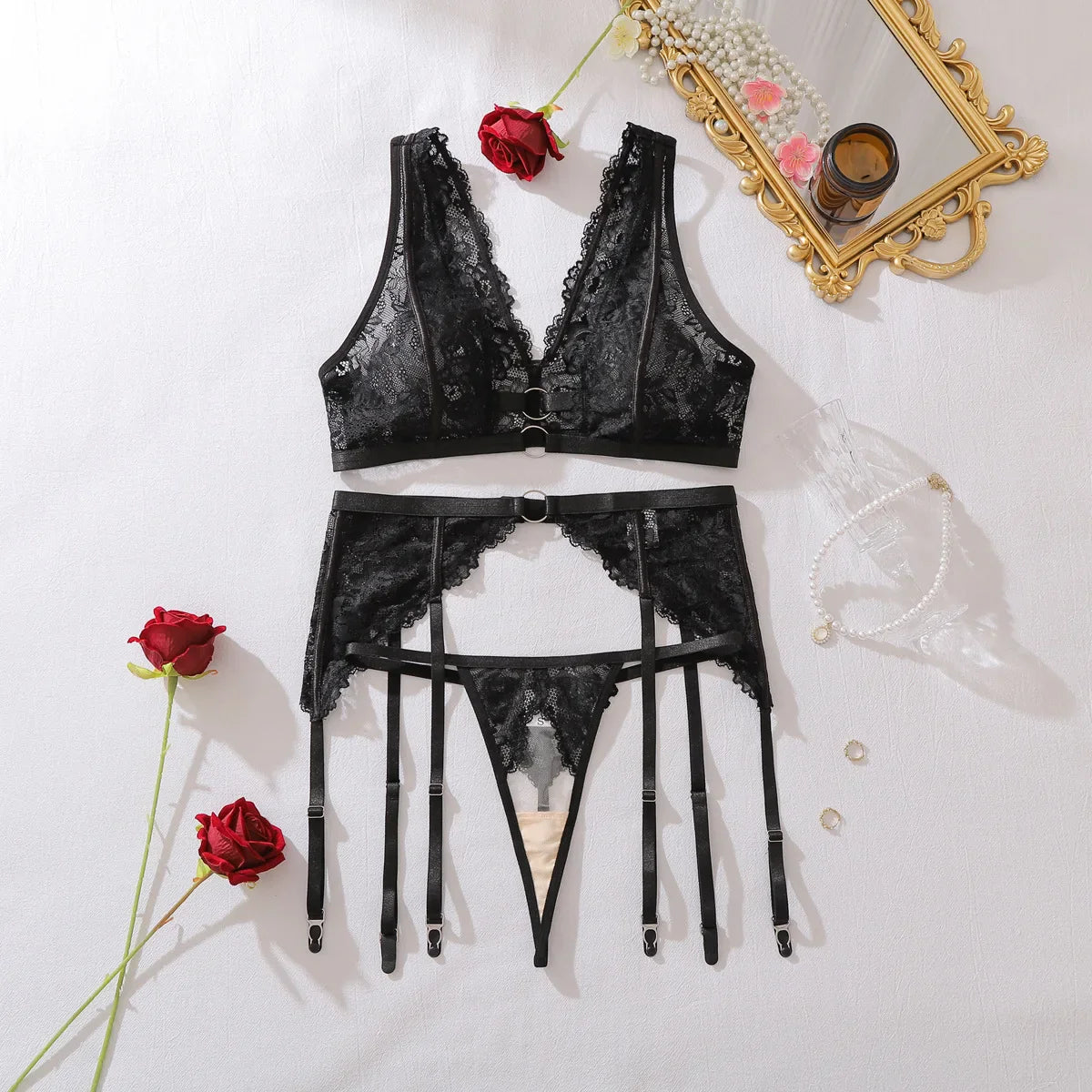 Toucheart Erotic Lingerie Delicate Floral Lace See-through Body-shaping Three-point Bra Split Three-piece Set