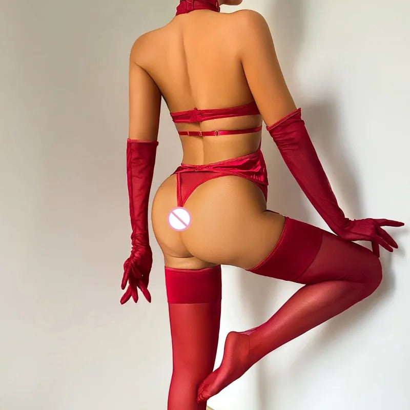 Toucheart Erotic Lingerie Designof Halter Neck with Stitching Comfortable Bodyshaping Underwear Splitset with Gloves