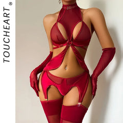 Toucheart Erotic Lingerie Designof Halter Neck with Stitching Comfortable Bodyshaping Underwear Splitset with Gloves