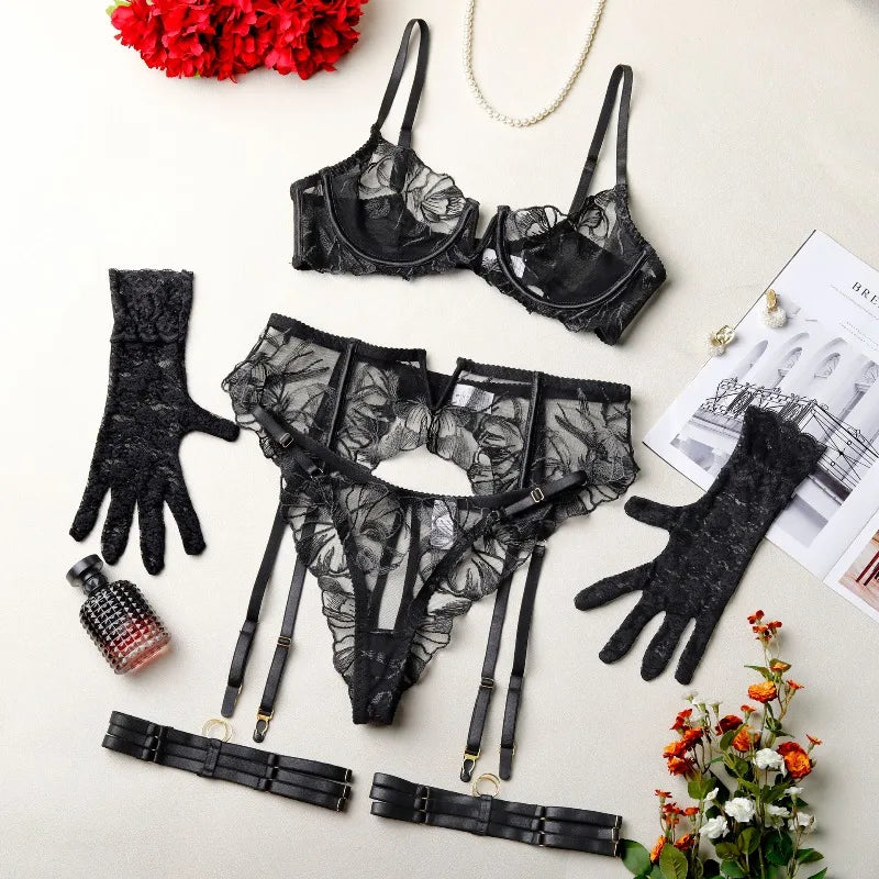Toucheart Erotic Lingerie Embroidery Floral See-through Body Shaping Luxurious Bra Set