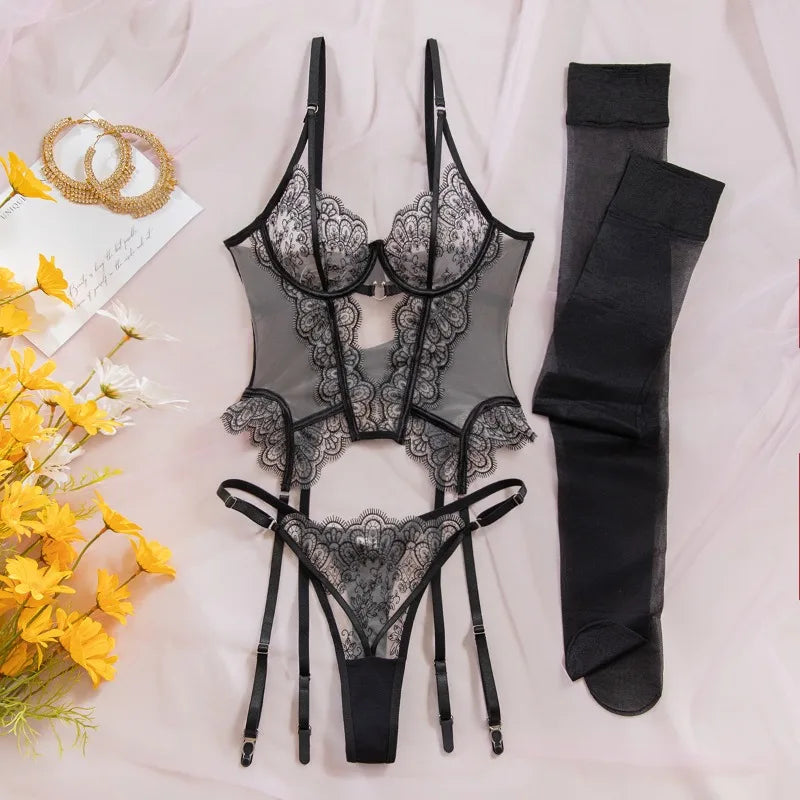 Toucheart Erotic Lingerie Eyelash Lace Embroidery See-through Mesh Long Tank Top Panties Two-piece Set with Stockings