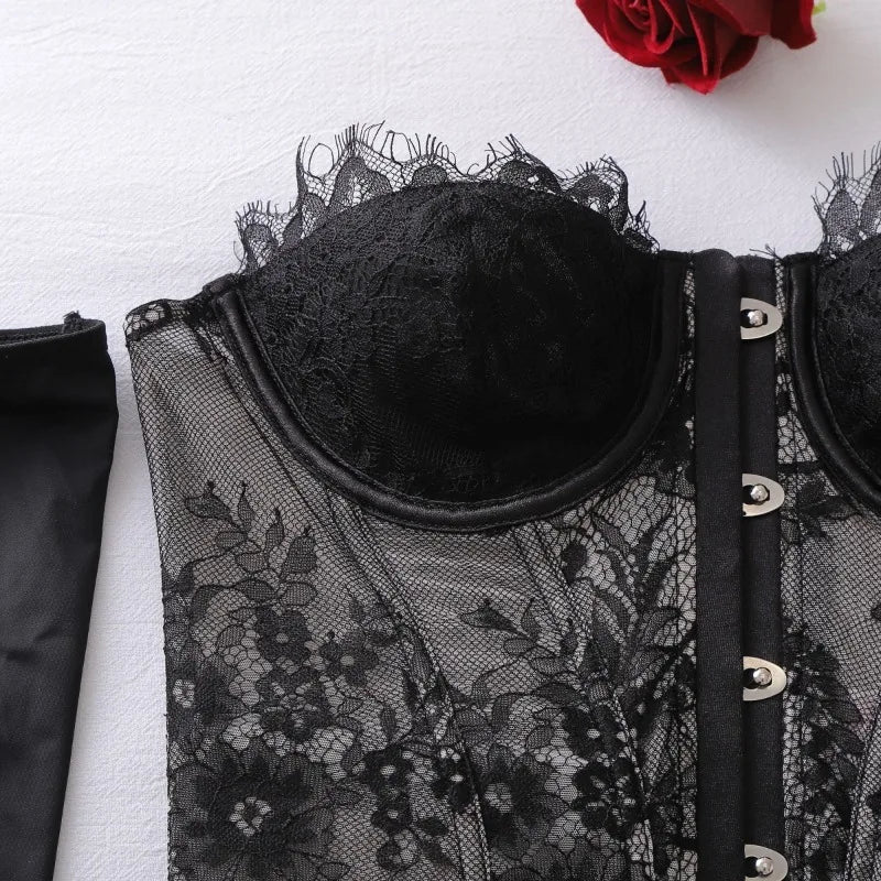 Toucheart Erotic Lingerie Eyelash Lace Spliced waistband Tube Top Delicate Split Underwear Suit with Gloves and Stockings