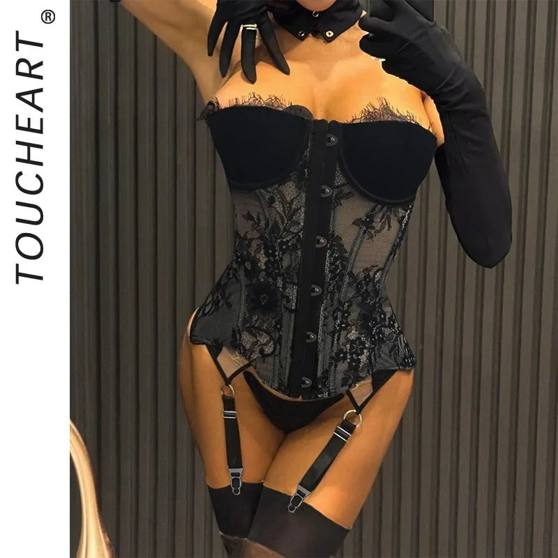Toucheart Erotic Lingerie Eyelash Lace Spliced waistband Tube Top Delicate Split Underwear Suit with Gloves and Stockings
