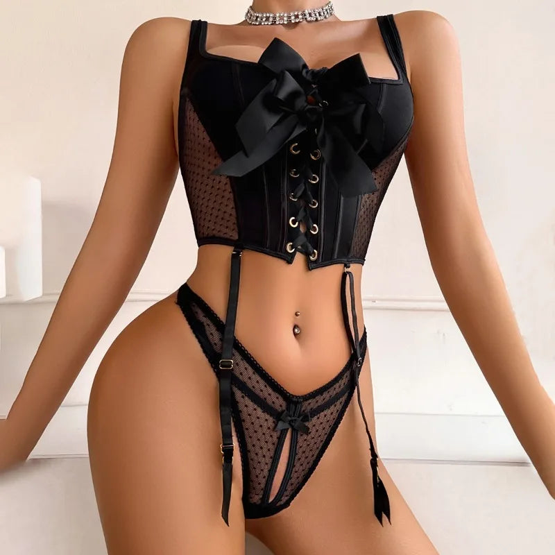 Toucheart Erotic Lingerieable Bow Decorated See-through Mesh Strappy Body-shaping Intimate Cute Underwear Split Set