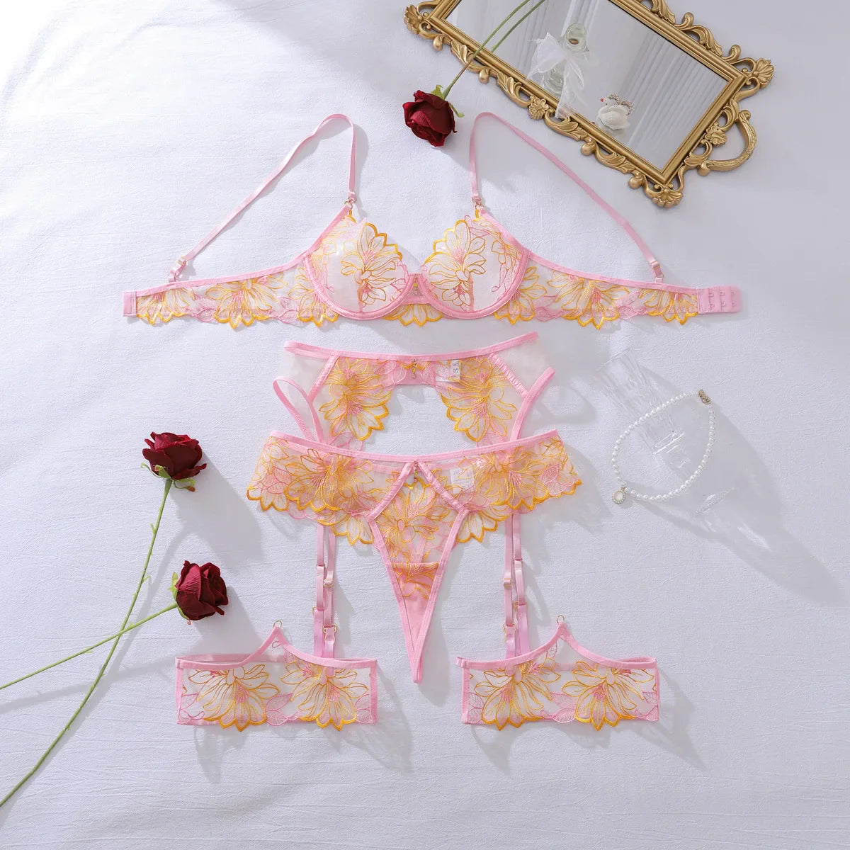 Toucheart Erotic Lingerieable Contrasting Colorfloral Embroidered Mesh Body-shaping Intimate Lingerie Four-pieceset