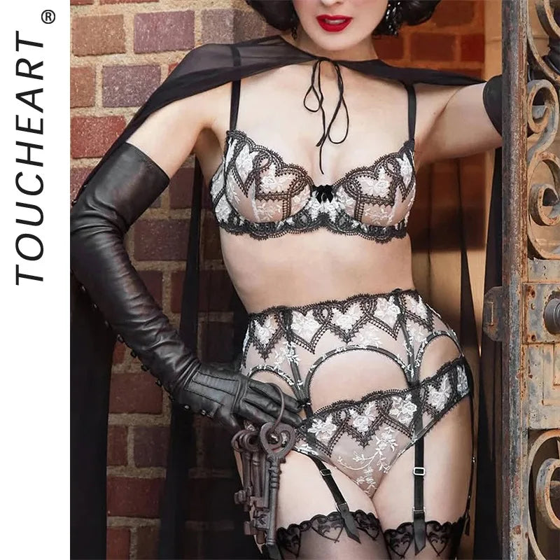 Toucheart Erotic Lingerieable Love Contrast Color Perspective Embroidery BodyShaping Three-Point Underwear SplitSet