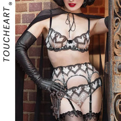 Toucheart Erotic Lingerieable Love Contrast Color Perspective Embroidery BodyShaping Three-Point Underwear SplitSet