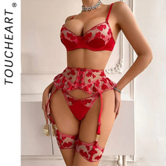 Toucheart Erotic Lingerieable Love Embroidered Splicing Waistband Skirt Hem Shaping Underwear Set