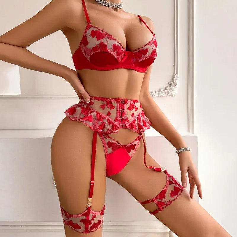 Toucheart Erotic Lingerieable Love Embroidered Splicing Waistband Skirt Hem Shaping Underwear Set