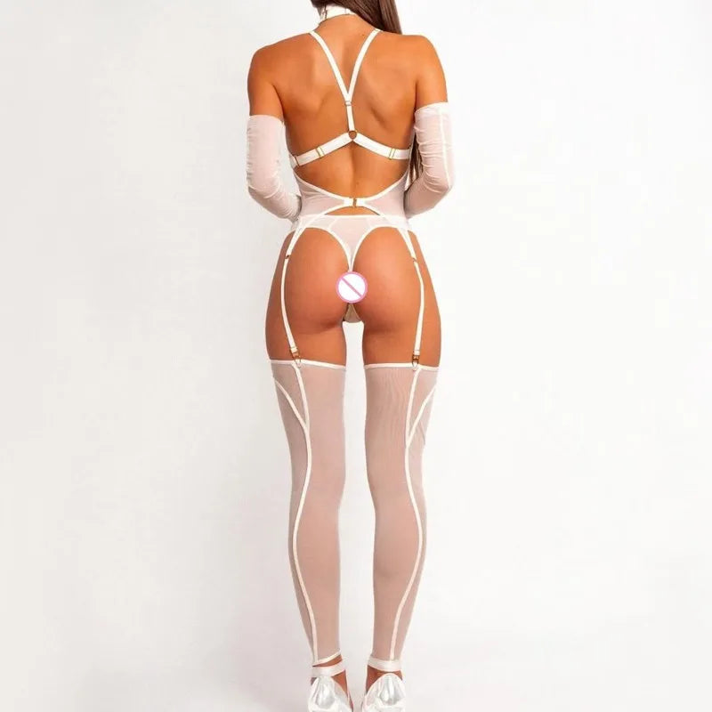 Toucheart Erotic Lingerieable and Comfortable Mesh See-through Bodyshaping Adjustable Underwear Split Five-pieceset