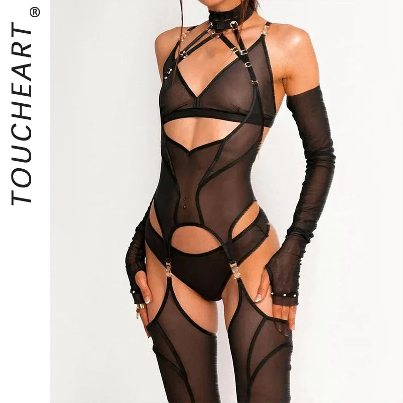 Toucheart Erotic Lingerieable and Comfortable Mesh See-through Bodyshaping Adjustable Underwear Split Five-pieceset