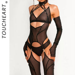 Toucheart Erotic Lingerieable and Comfortable Mesh See-through Bodyshaping Adjustable Underwear Split Five-pieceset