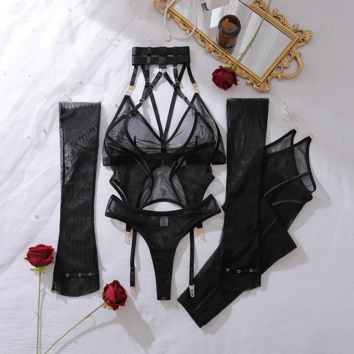 Toucheart Erotic Lingerieable and Comfortable Mesh See-through Bodyshaping Adjustable Underwear Split Five-pieceset