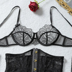 Toucheart Erotic Lingerieable and Craftsmanship See-through Embroidered Girdle Shaping Lingerie Five-piece Set
