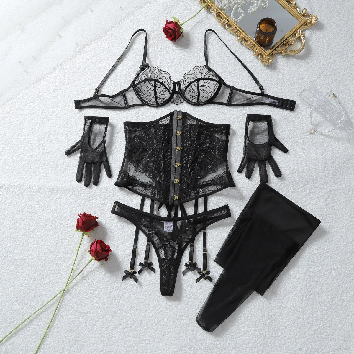 Toucheart Erotic Lingerieable and Craftsmanship See-through Embroidered Girdle Shaping Lingerie Five-piece Set