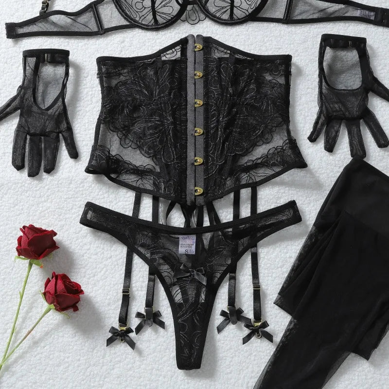 Toucheart Erotic Lingerieable and Craftsmanship See-through Embroidered Girdle Shaping Lingerie Five-piece Set