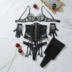 Toucheart Erotic Lingerieable and Craftsmanship See-through Embroidered Girdle Shaping Lingerie Five-piece Set