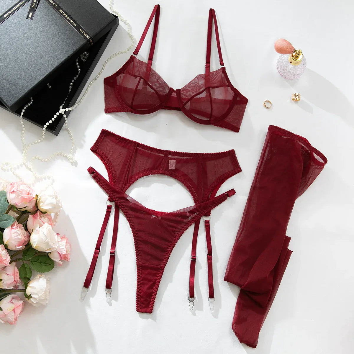 Toucheart Erotic Lingerie Fishbone Waist-cinching Lingerie Mesh See-through Split Four-piece Suit with Stockings