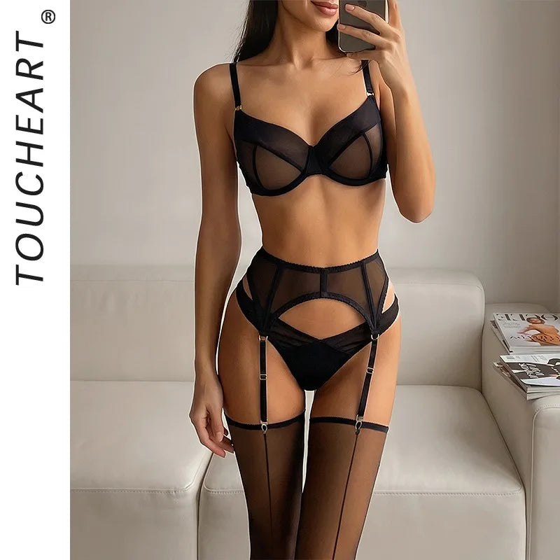 Toucheart Erotic Lingerie Fishbone Waist-cinching Lingerie Mesh See-through Split Four-piece Suit with Stockings