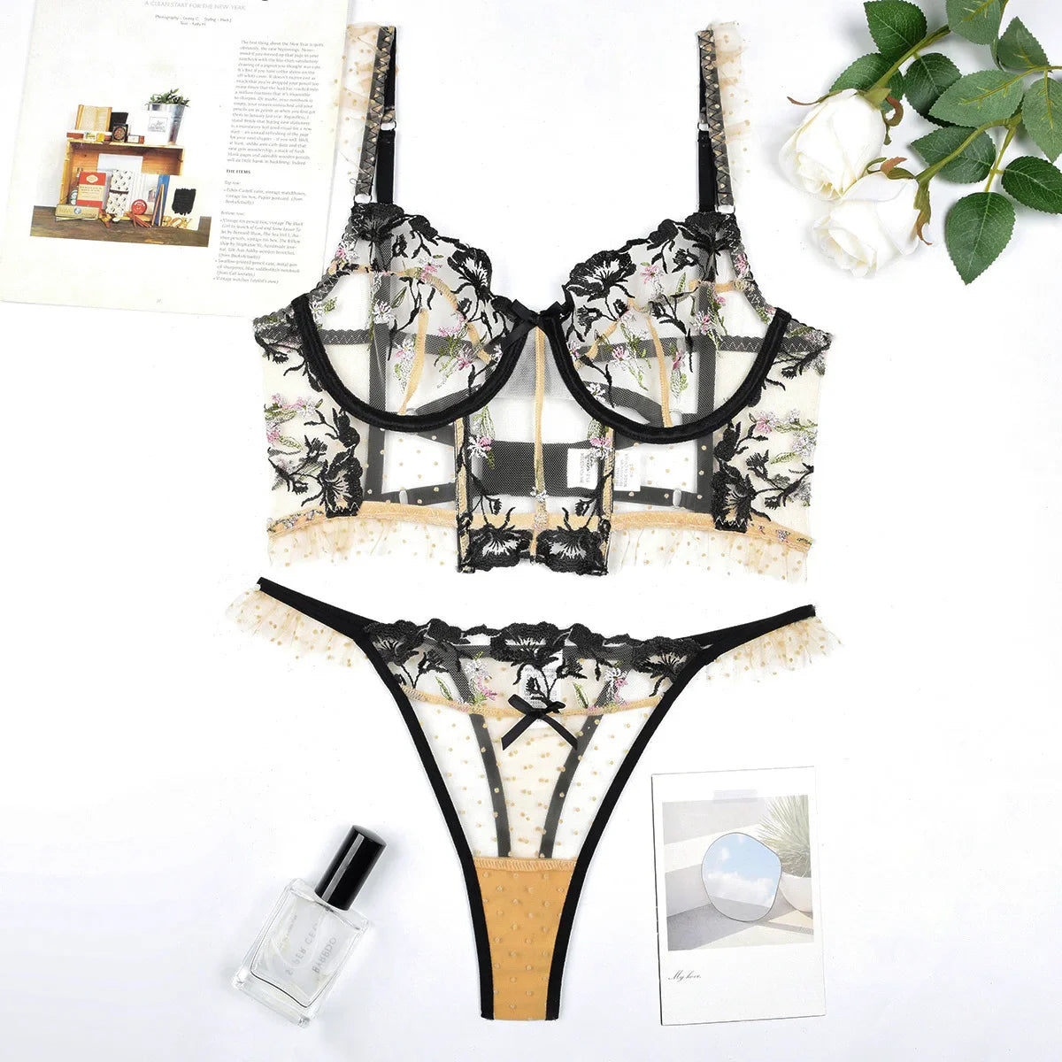 Toucheart Erotic Lingerie Flower Embroidered Polka Dot Mesh See-through Intimate Lingerie Two-piece Set