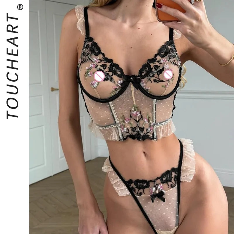 Toucheart Erotic Lingerie Flower Embroidered Polka Dot Mesh See-through Intimate Lingerie Two-piece Set