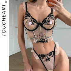 Toucheart Erotic Lingerie Flower Embroidered Polka Dot Mesh See-through Intimate Lingerie Two-piece Set
