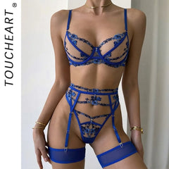 Toucheart Erotic Lingerie Flower Embroidery Suit Mesh Lace Garterthong with Steel Ring 4-piece Set