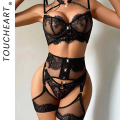 Toucheart Erotic Lingerie French Eyelash Lace See-through Cross Halter Neck Body Shaping Delicate Lingerie Split Set