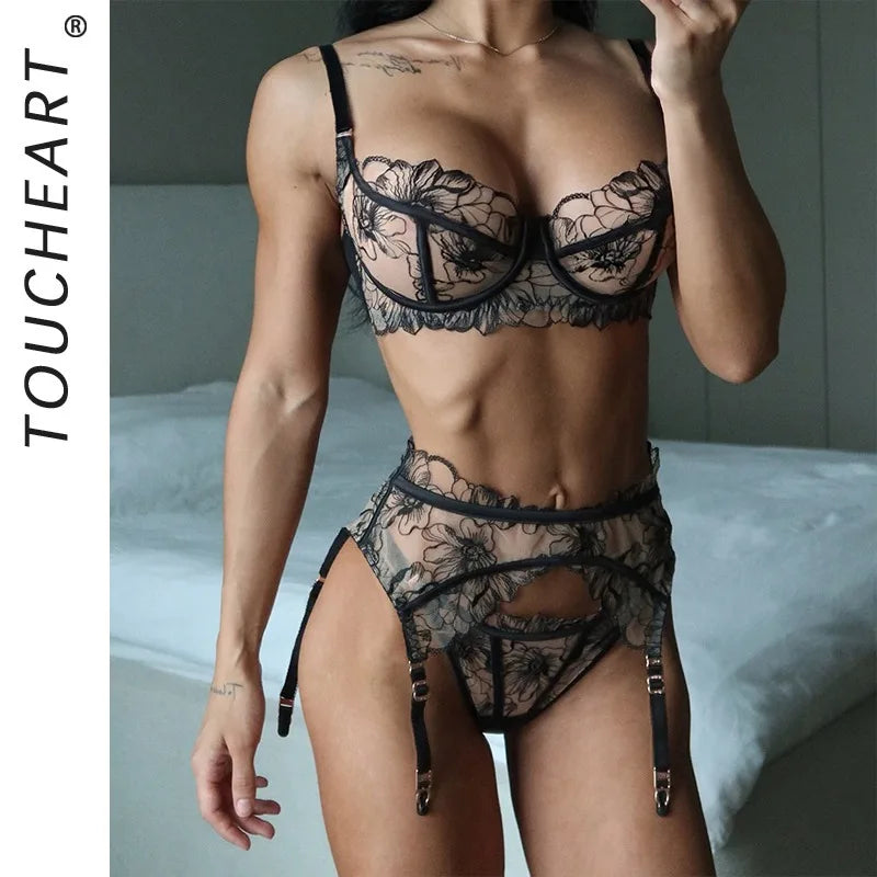 Toucheart Erotic Lingerie French Floral Embroidery See-through Mesh Push-up Underwire Body-shaping Thin Underwear Split Set