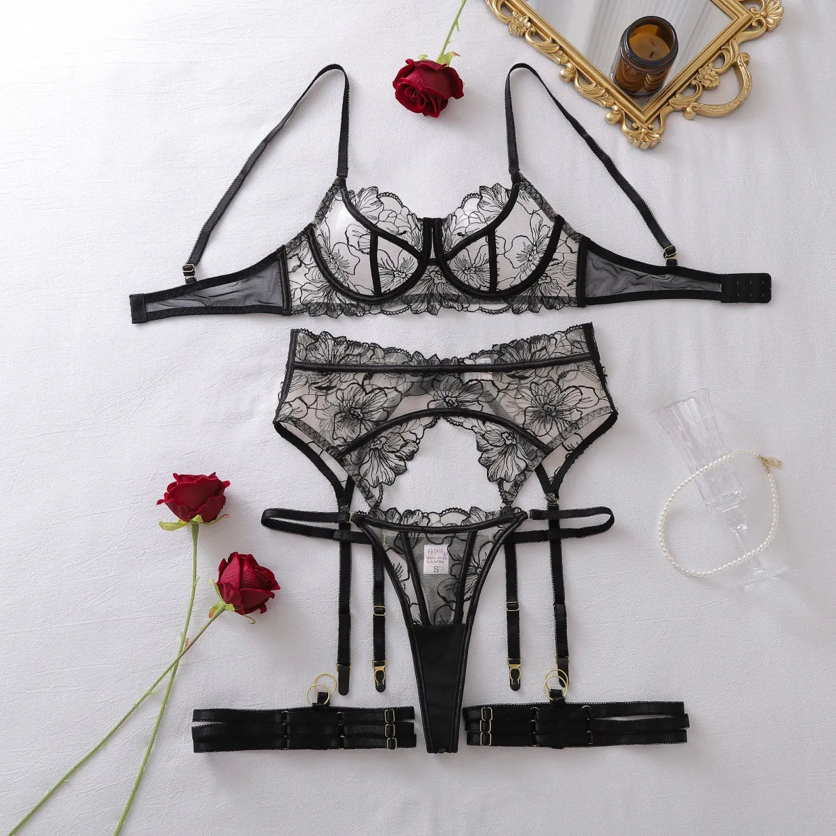Toucheart Erotic Lingerie French Floral Embroidery See-through Mesh Push-up Underwire Body-shaping Thin Underwear Split Set