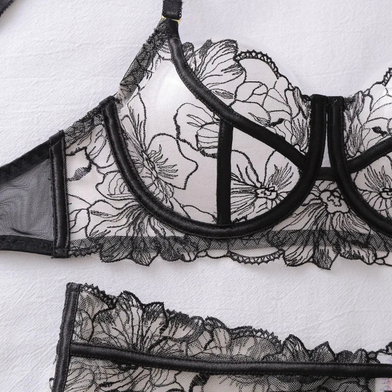 Toucheart Erotic Lingerie French Floral Embroidery See-through Mesh Push-up Underwire Body-shaping Thin Underwear Split Set