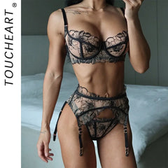 Toucheart Erotic Lingerie French Floral Embroidery See-through Mesh Push-up Underwire Body-shaping Thin Underwear Split Set