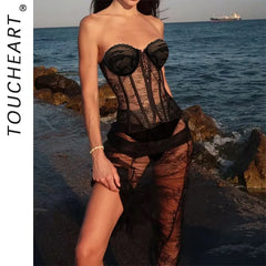 Toucheart Erotic Lingerie French Heavy Craftsmanship Lace See-through Straps Slimming and Shaping Light Luxury Three-piece Set