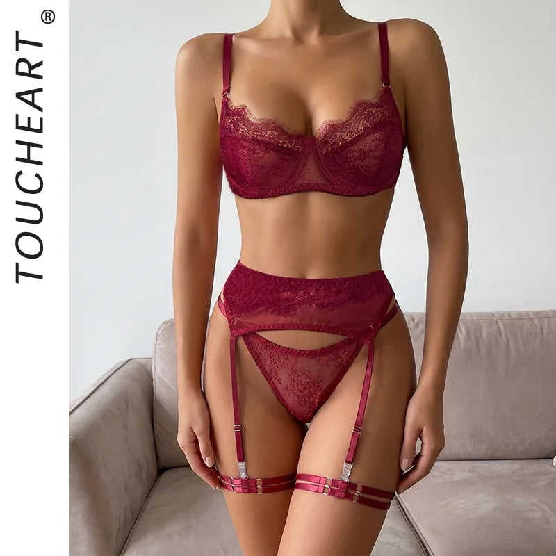 Toucheart Erotic Lingerie French Lace Underwear See-through Push-up Slim Fit Back Delicate Four-piece Set
