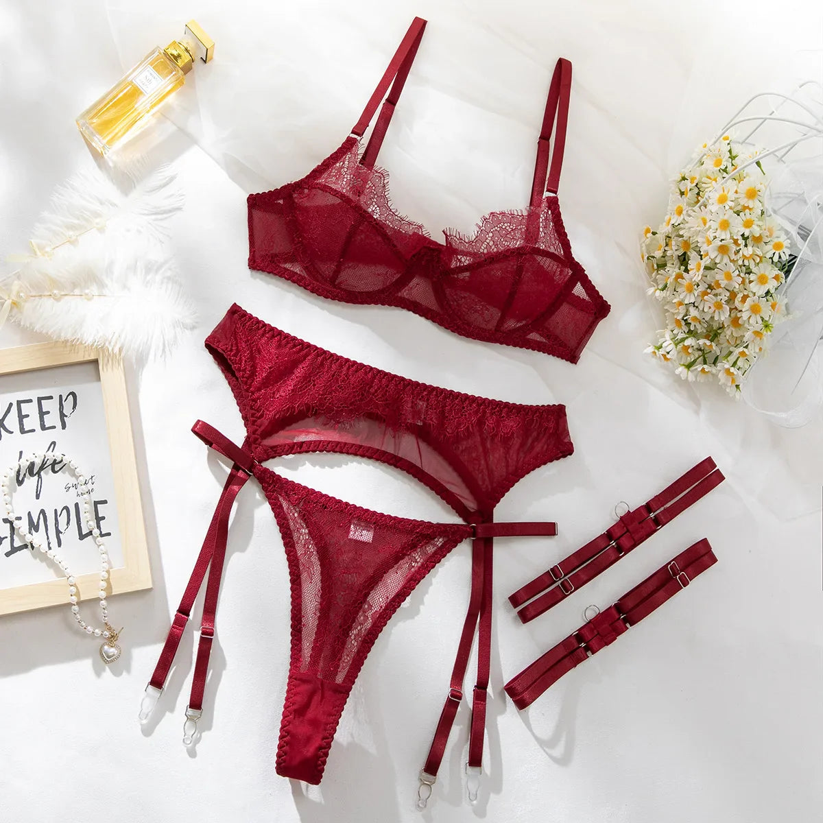 Toucheart Erotic Lingerie French Lace Underwear See-through Push-up Slim Fit Back Delicate Four-piece Set