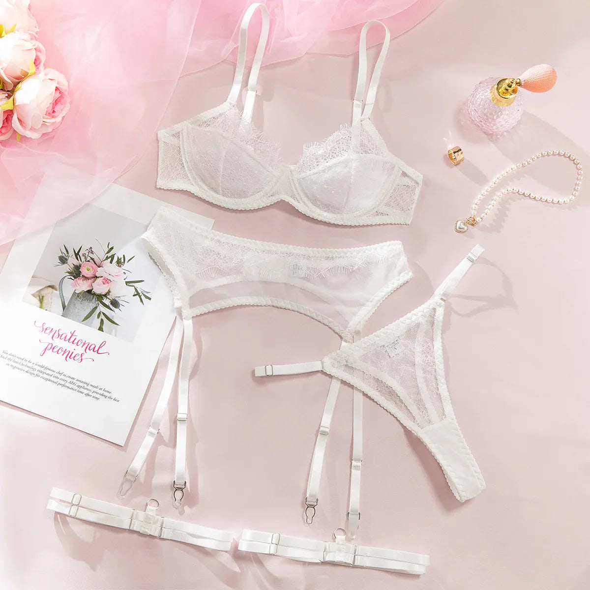 Toucheart Erotic Lingerie French Lace Underwear See-through Push-up Slim Fit Back Delicate Four-piece Set