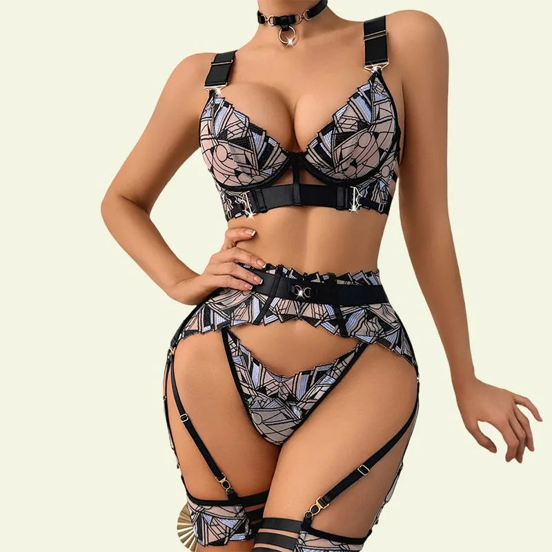 Toucheart Erotic Lingerie French Luxury Embroidered Mesh See-through Stitched Push-up Body-shaping Underwear Split Set
