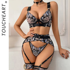 Toucheart Erotic Lingerie French Luxury Embroidered Mesh See-through Stitched Push-up Body-shaping Underwear Split Set